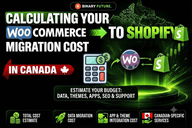 Infographic detailing recurring operational costs for WooCommerce to Shopify migration in Canada, including app fees and payment gateways by Binary Future.
