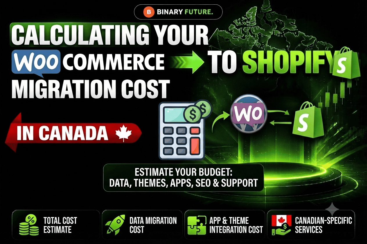 Infographic detailing recurring operational costs for WooCommerce to Shopify migration in Canada, including app fees and payment gateways by Binary Future. Infographic detailing recurring operational costs for WooCommerce to Shopify migration in Canada, including app fees and payment gateways by Binary Future.